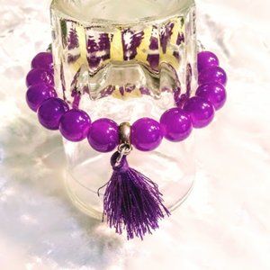 NEW*PURPLE GLASS BEADED TASSEL ELASTIC BRACELET*HAND CRAFTED